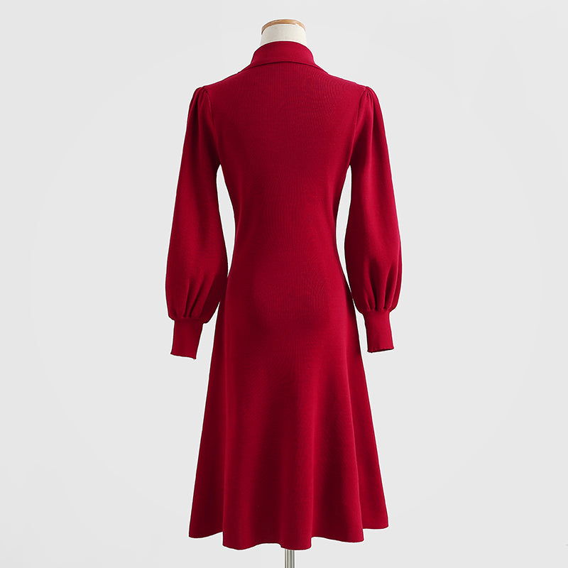 French retro noble and elegant temperament red knitted dress  2197