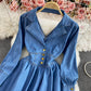 Temperament Lapel long sleeve backless denim dress  2960