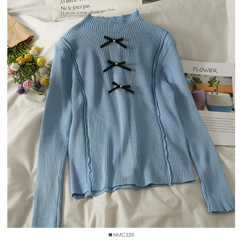 Pull col montant à perles décoratives avec nœud coréen pour femme 2053