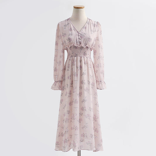 Langärmliger Chiffonrock Blumenkleid 2158
