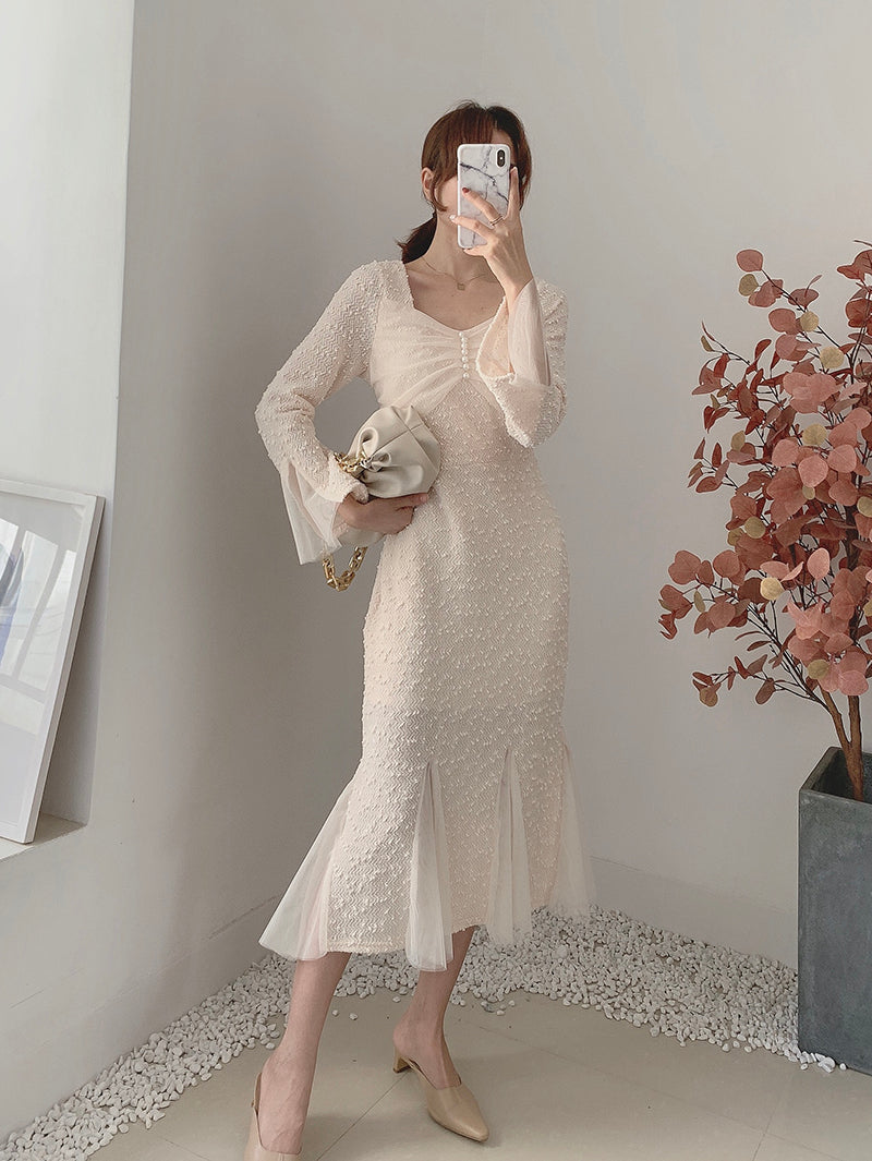 New women's dress with waist closed to show thin temperament French mesh super fairy fishtail  2130