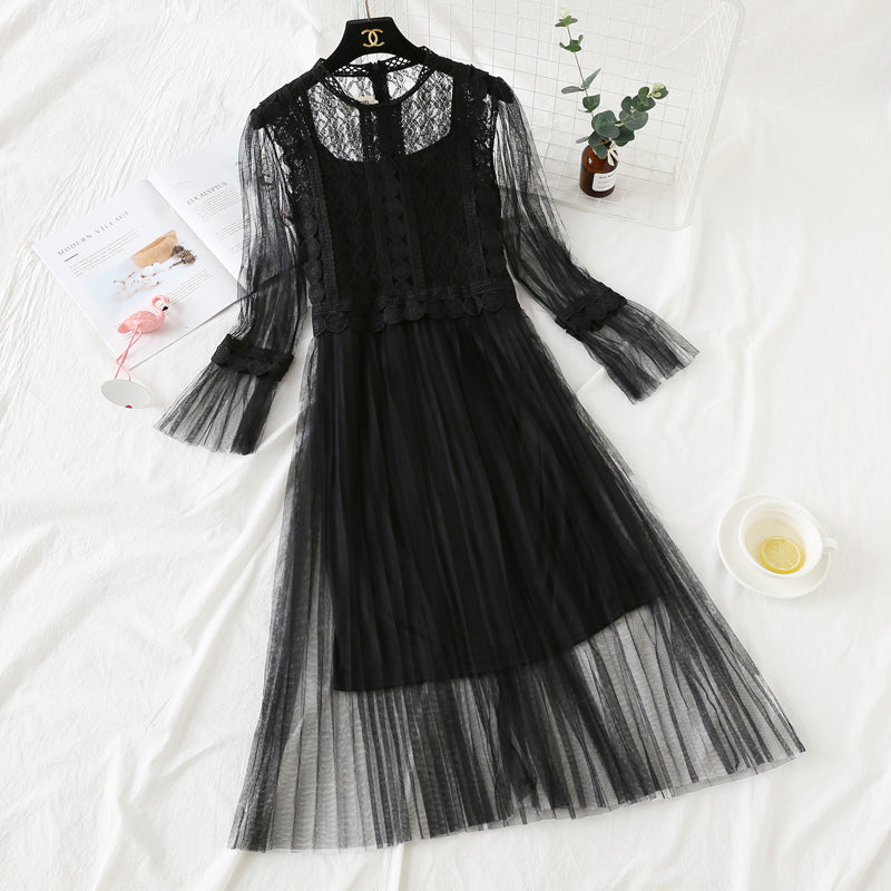 Lace stitched mesh dress women's super fairy suspender skirt two-piece set  2449