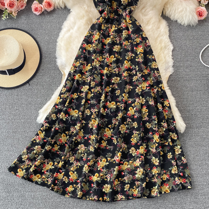 Robe à bretelles fleurie dos nu de style rétro français 2902