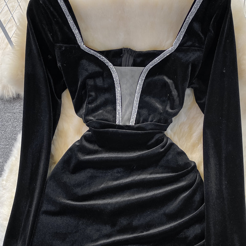 Korean new V-neck velvet with diamond temperament waist closing  2846