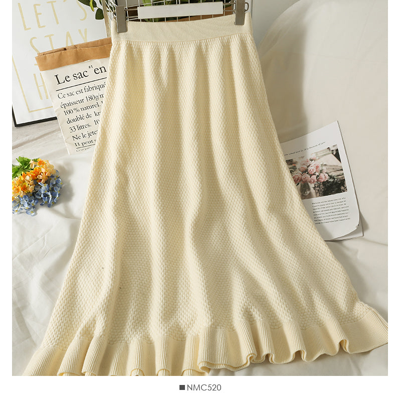Slim Plaid Knit Skirt, versatile Ruffle A-line skirt  2608