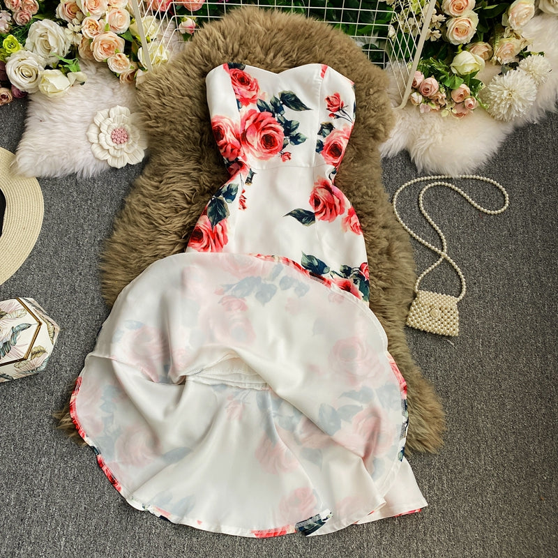 Robe mi-longue sexy sans bretelles à volants et imprimé slim 3031