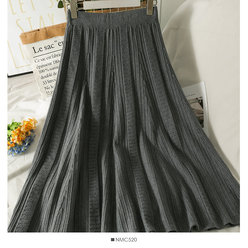 Hong Kong style retro vertical stripe elastic waist thin solid A-line skirt  2625