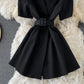 Robe tailleur à manches courtes et taille fine de couleur unie 3197