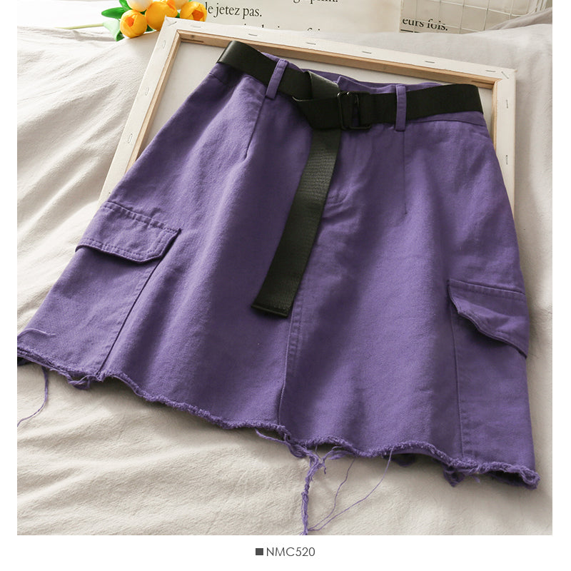 Versatile personalized large pocket skirt with rough edge  2652