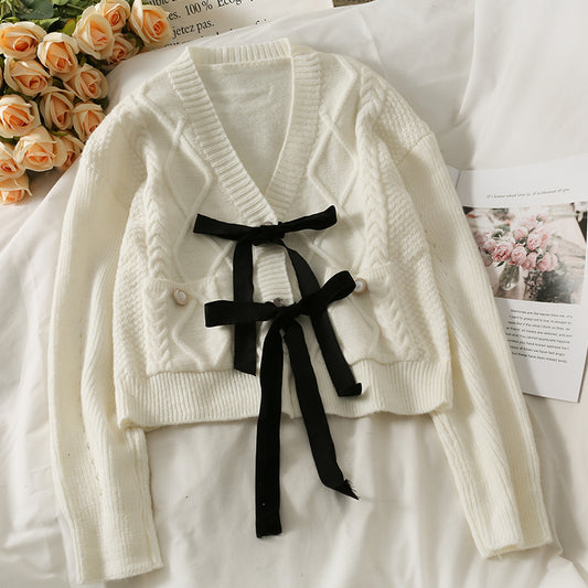 Pull cardigan court à carreaux avec nœud papillon et boutonnage simple 1780