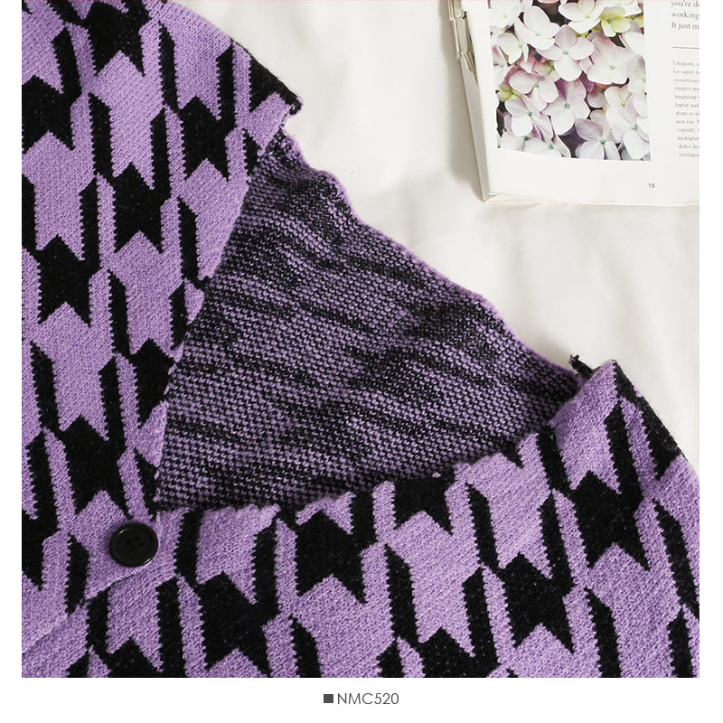Pull cardigan à col en V à carreaux mille oiseaux violet taro assorti 2032