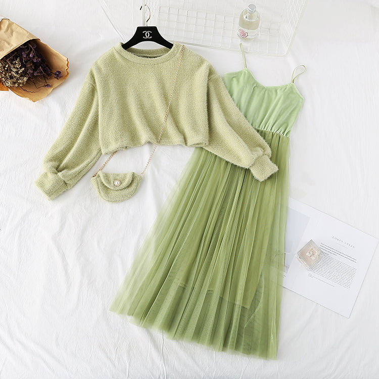 Woolen suit long skirt two-piece sling mesh with bottom dress  2154