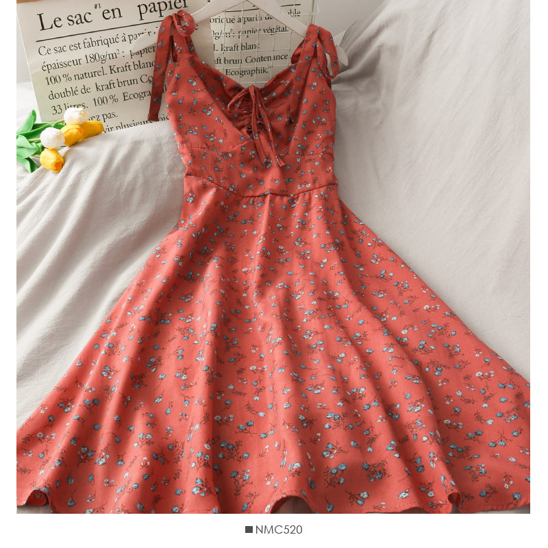 Sweet floral V-neck suspender dress drawstring pleated slim fit  2699