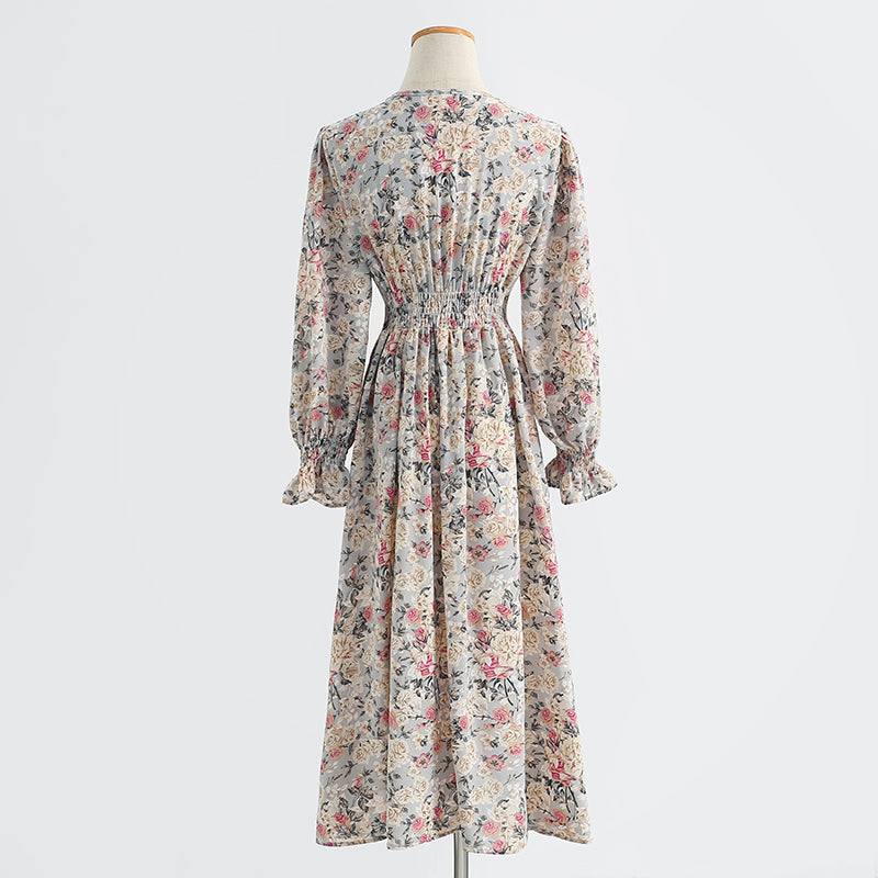 Long sleeve floral dress long fairy French Vintage Chiffon  2430