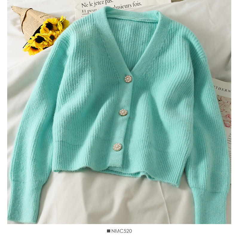 Pull cardigan simple boutonnage ample et fin à trois boutons de Han Fan 1784