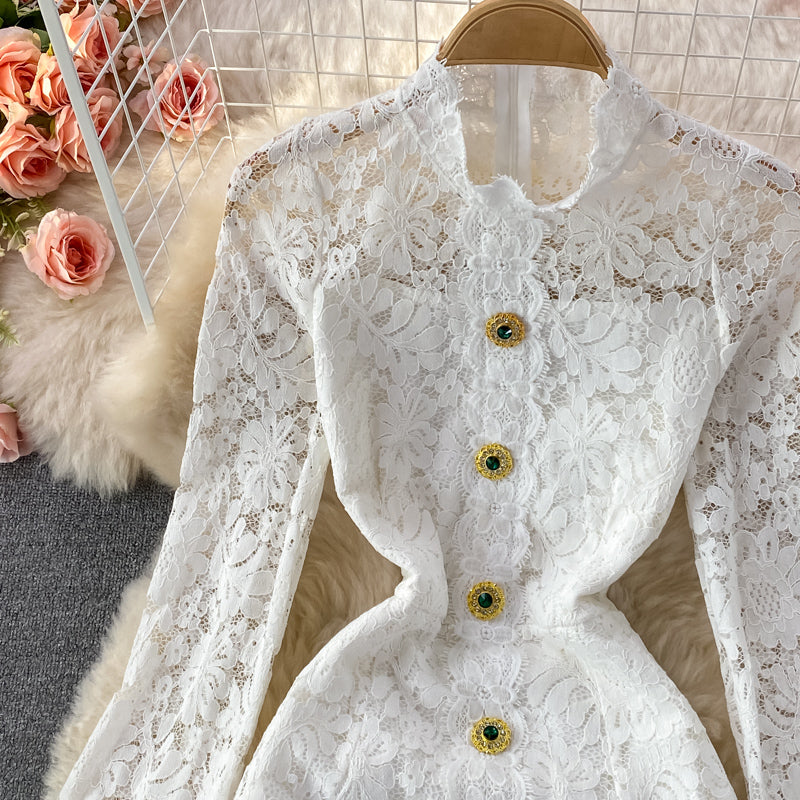 Robe portefeuille mi-longue en dentelle légère et luxueuse à col montant et manches longues 3236