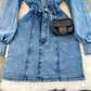Robe en jean ajourée à manches bouffantes et revers vintage 3019