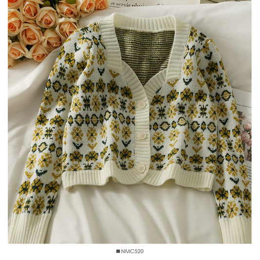 Pull femme vintage imprimé col bas cardigan simple boutonnage top 1836