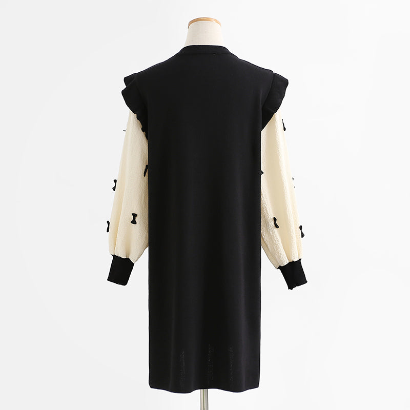 Loose and slim long sleeved wool dress over knee knitted skirt bottomed long skirt  2445