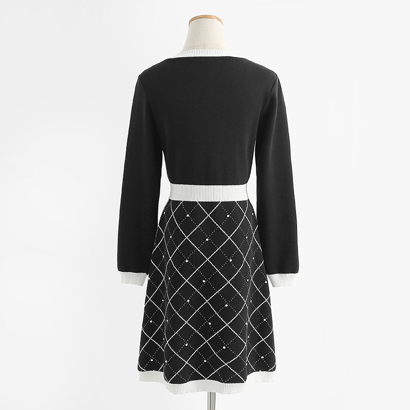 New bow knit dress long sleeve small fragrance A-line skirt  2421