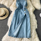 Robe à bretelles en jean fendue sans manches avec jupe gilet à bretelles 3312