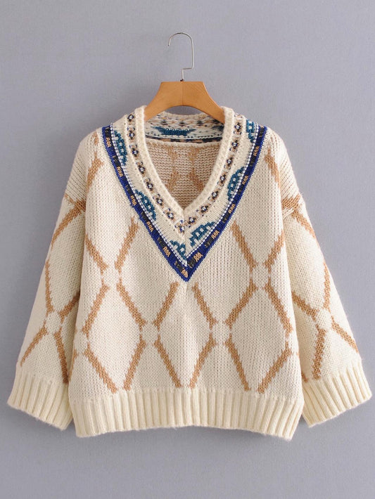 Pull ample à col en V avec motif brodé de style ethnique pour femme 1368