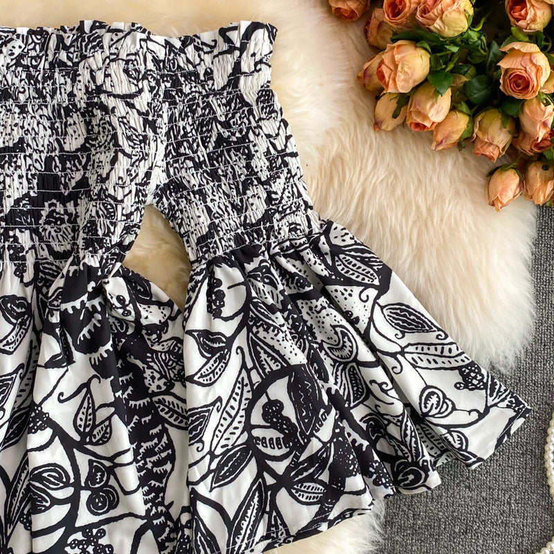 Skirt with straight neck, open shoulder and waist, thin ink painting dress, horn sleeve  2749