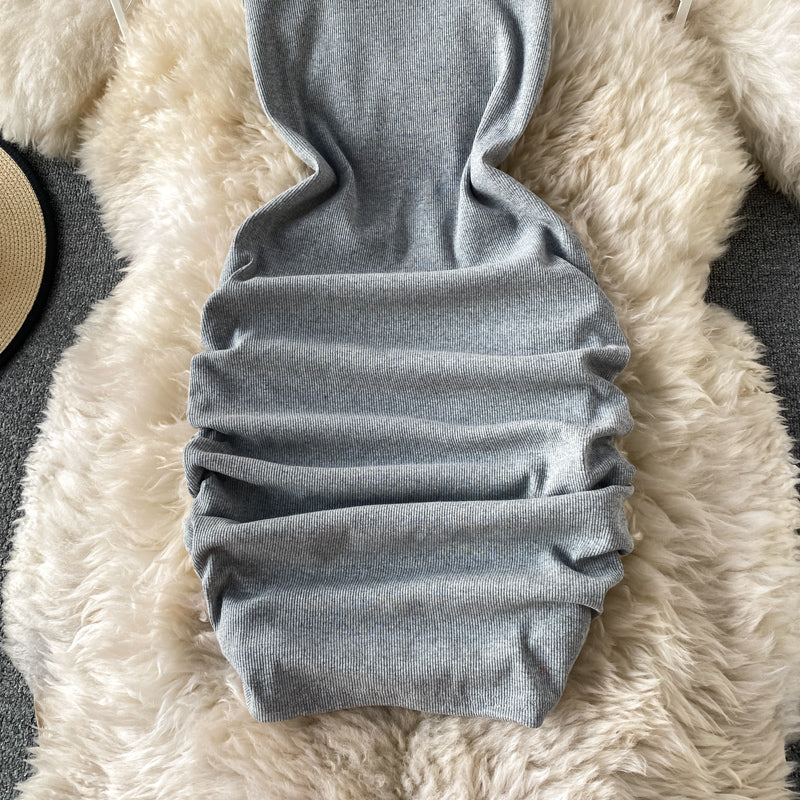Jupe-robe élastique slim sexy à bretelles unie 2957