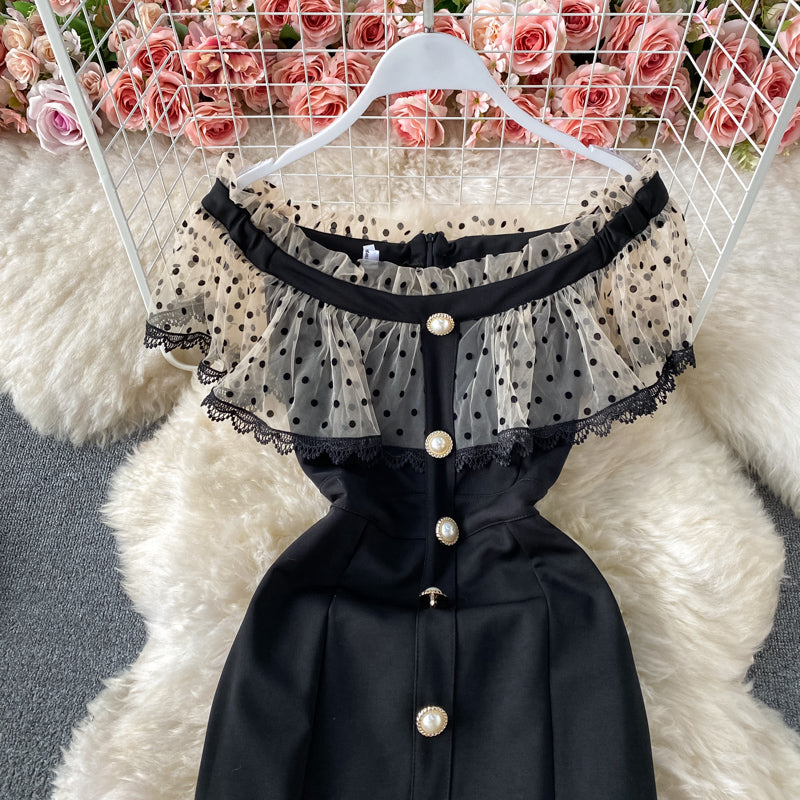 Robe en maille à pois ondulés à une épaule de style mature léger tempérament 2954