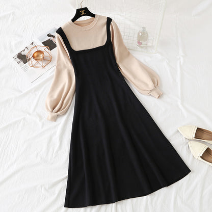 New French retro color matching college slim bottomed sweater long skirt  2424