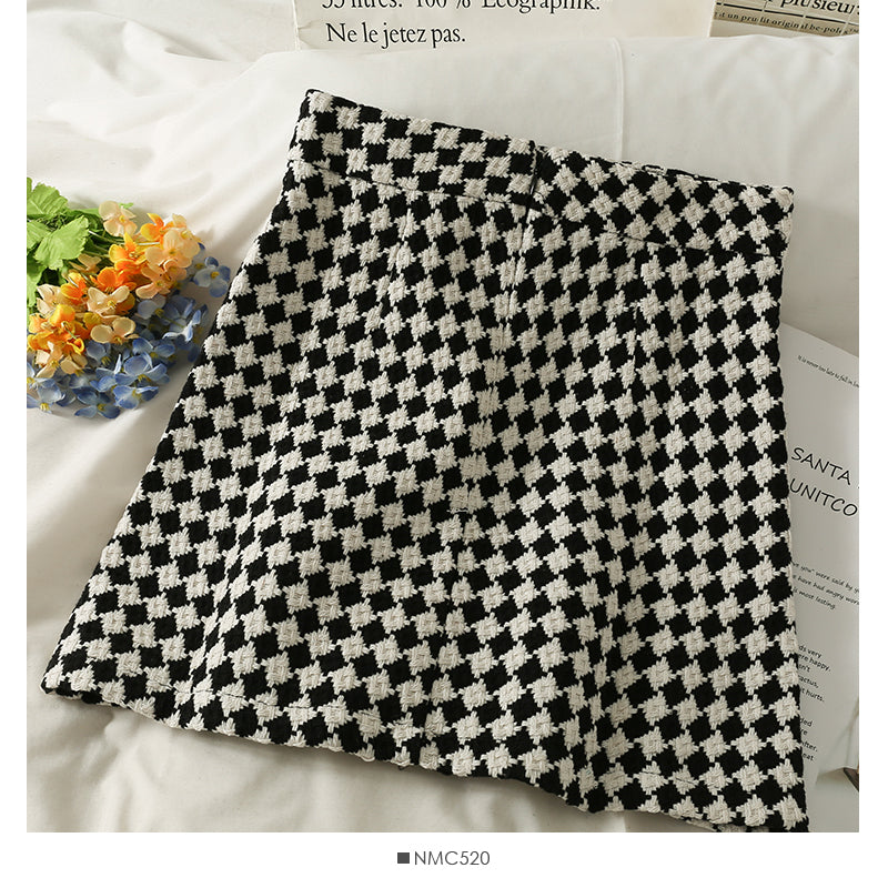 Korean retro color blocking Plaid high waist slim and versatile A-line skirt  2629