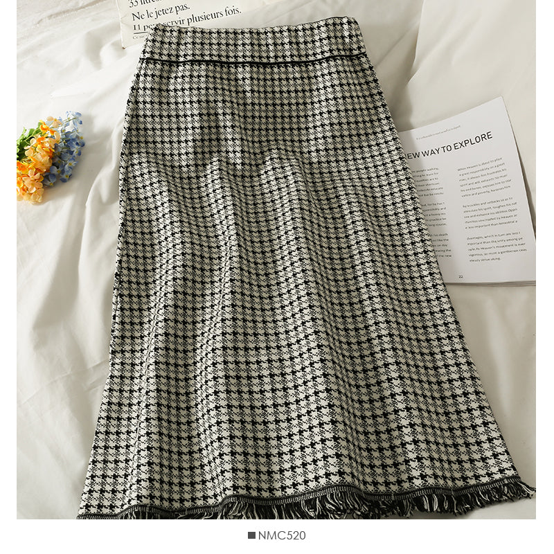 Hong Kong style retro Plaid medium length tassel high waist skirt  2611