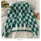 Cardigan fin à manches longues et col bas pour femme, pull à carreaux à blocage de couleur, simple boutonnage, 1986