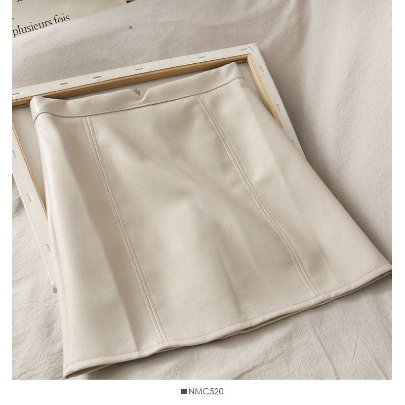 Jupe en cuir taille haute fine en forme de A, rétro et polyvalente, couleur unie 2542