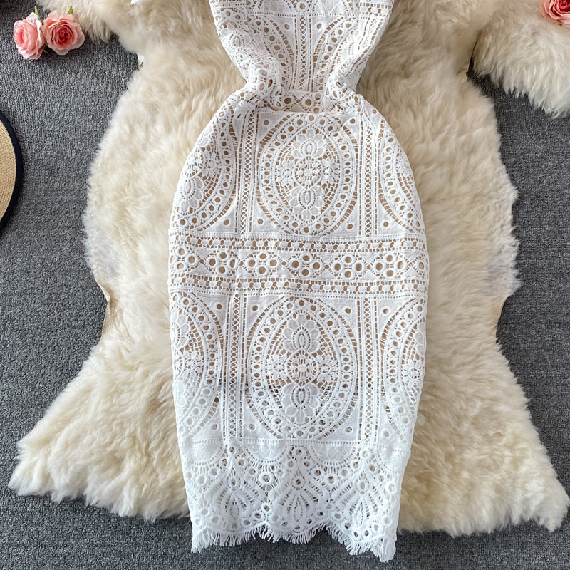 Square neck bubble sleeve high waist slim fit medium and long lace dress  2731
