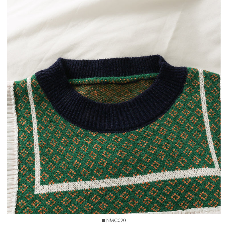 Pull à manches longues et col rond avec bordure cousue en champignon rétro coréen 1979