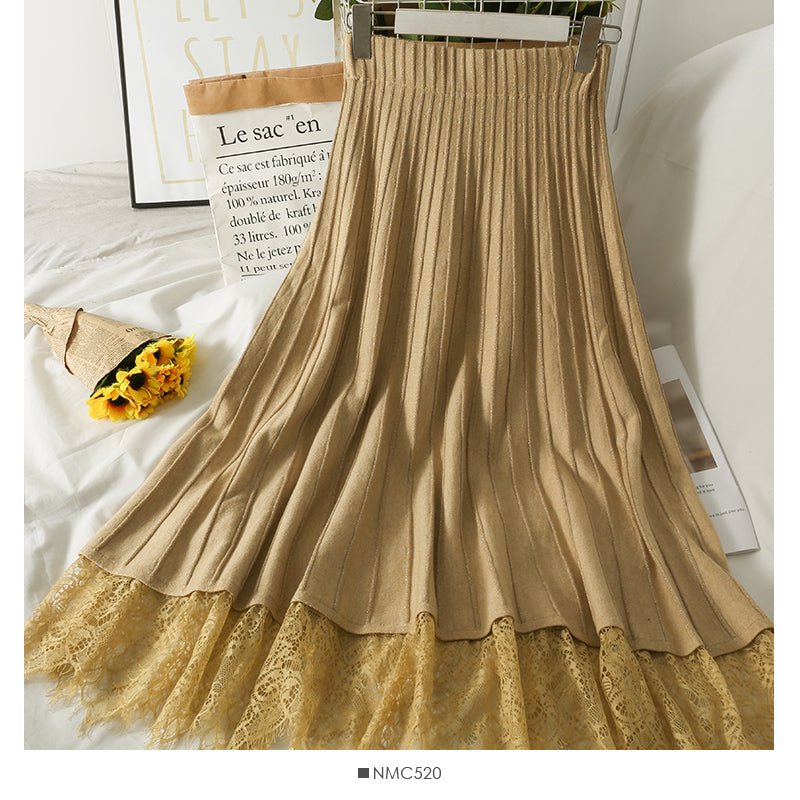 New lace stitched vertical stripe elastic waist slim skirt  2626