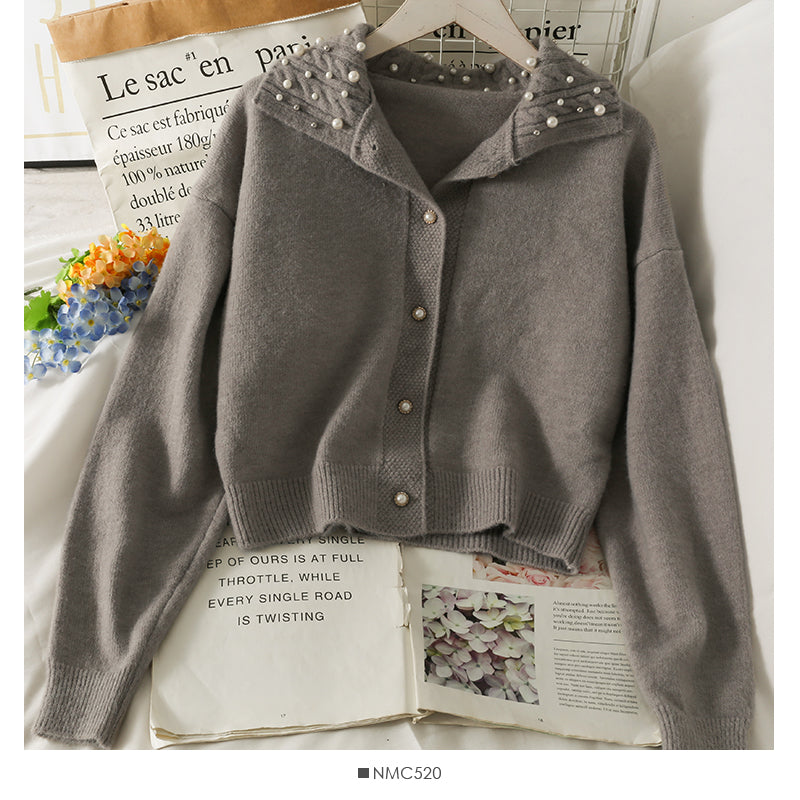 Pull cardigan slim à simple boutonnage avec revers perlés 2034