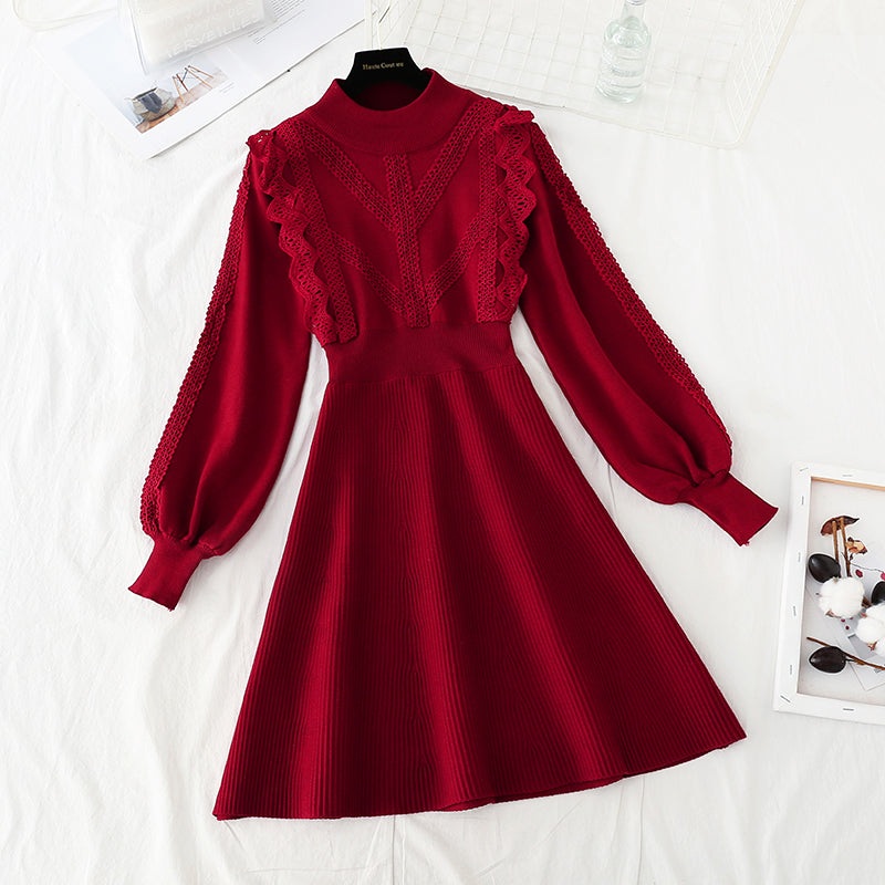 Knitted sweater dress women's new French waistband looks thin and retro Hepburn  2147