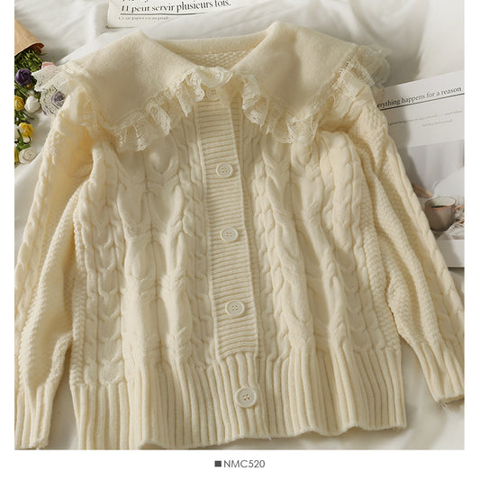 Pull col bébé en dentelle au vent doux avec bordure en bois cousue 1900
