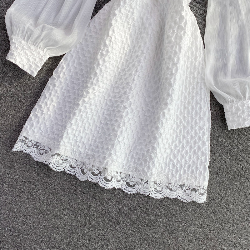 Long sleeve temperament waist closing lady square neck Jacquard Dress  3076