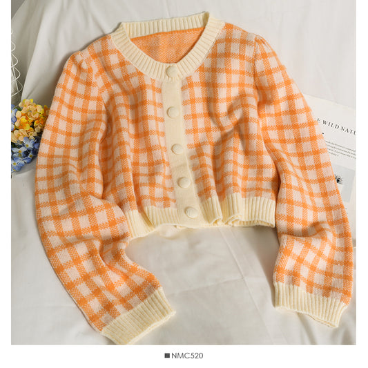 Chemise courte ample en tricot à carreaux rétro coréen pour femme 1815