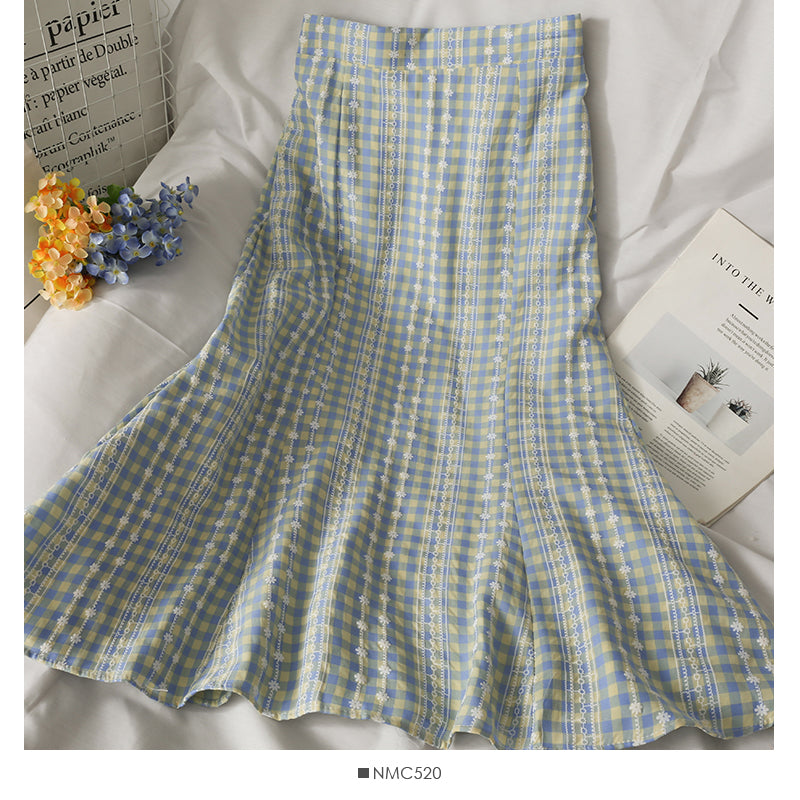 Sweet style print medium length high waist fishtail skirt  2638