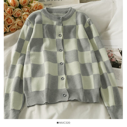 Pull ample à manches longues et col ras du cou à carreaux contrastés pour femme, nouveau pull cardigan à simple boutonnage 1967