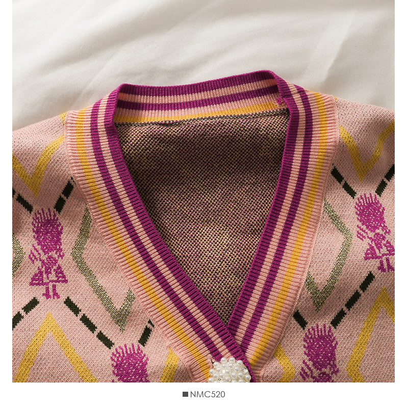 Pull court ample à manches longues et col en V pour femme, imprimé vintage, à carreaux, automne, 2066