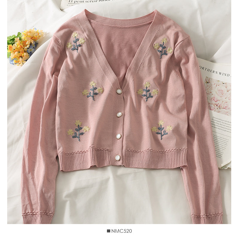 Cardigan court brodé vintage pull à manches longues à simple boutonnage 1811