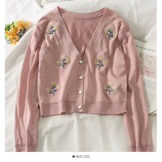 Cardigan court brodé vintage pull à manches longues à simple boutonnage 1811