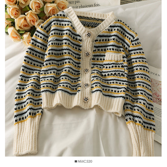 Pull cardigan à simple boutonnage à rayures contrastées vintage 1869