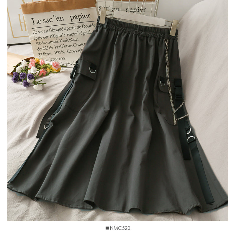 Chain decorative buckle tooling elastic waist A-shaped skirt  2656