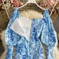 Blue and white porcelain printed square neck sexy Lantern Sleeve Dress  2813